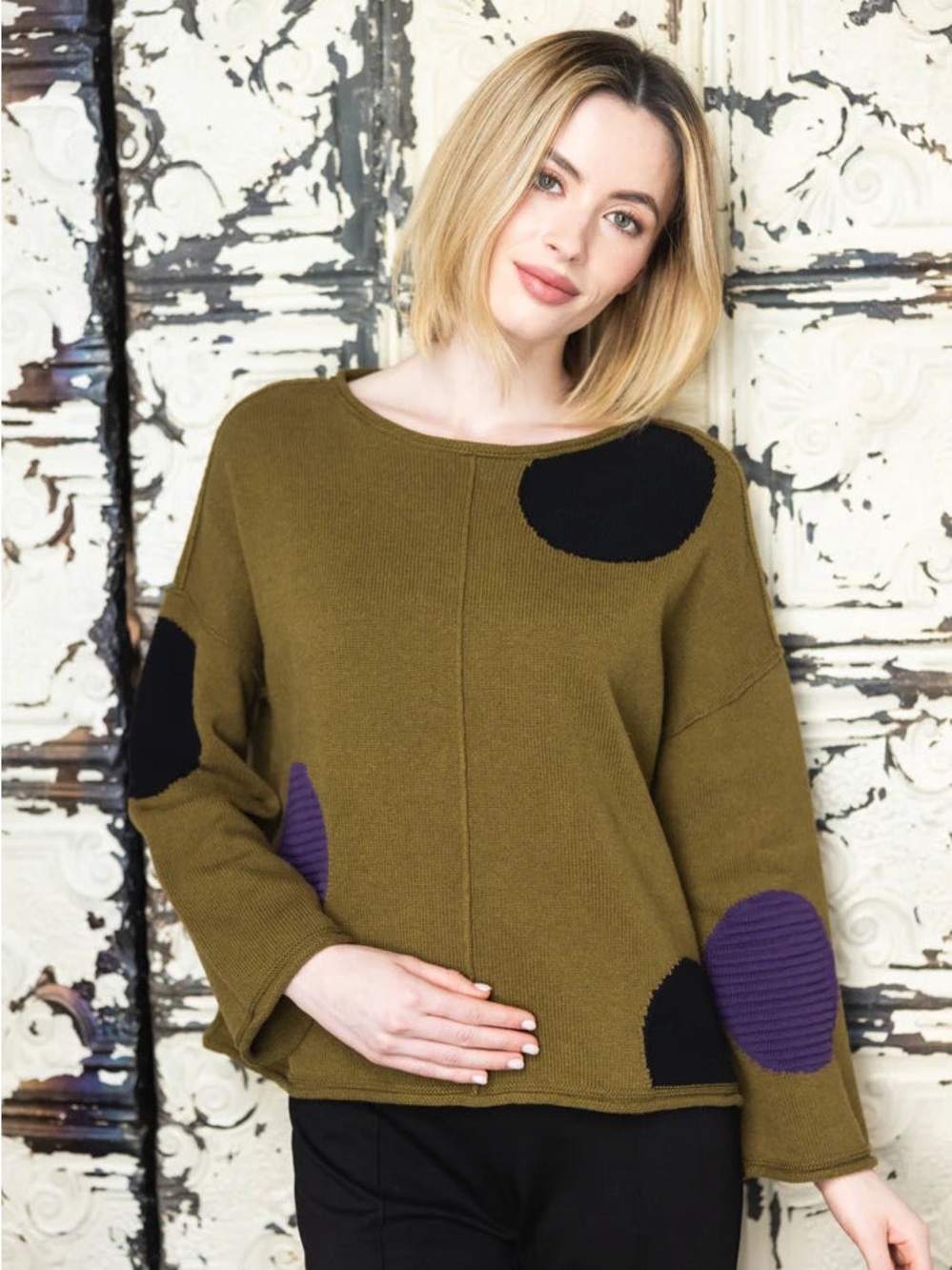 Olive Green Polka Dot Knit Sweater - Women's Casual Pullover